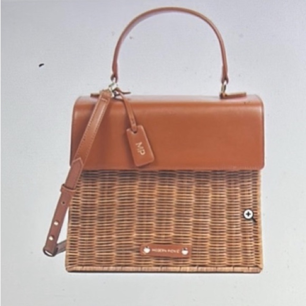 Woven Tan Satchel Handbag with Leather Top